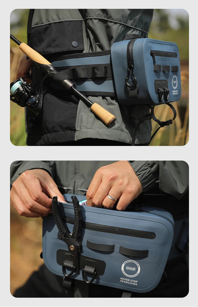 Sac de pêche KINGDOM IPX8 – Étanche, multifonction, porté épaule/ceinture/jambe, grande capacité 420D TPU
